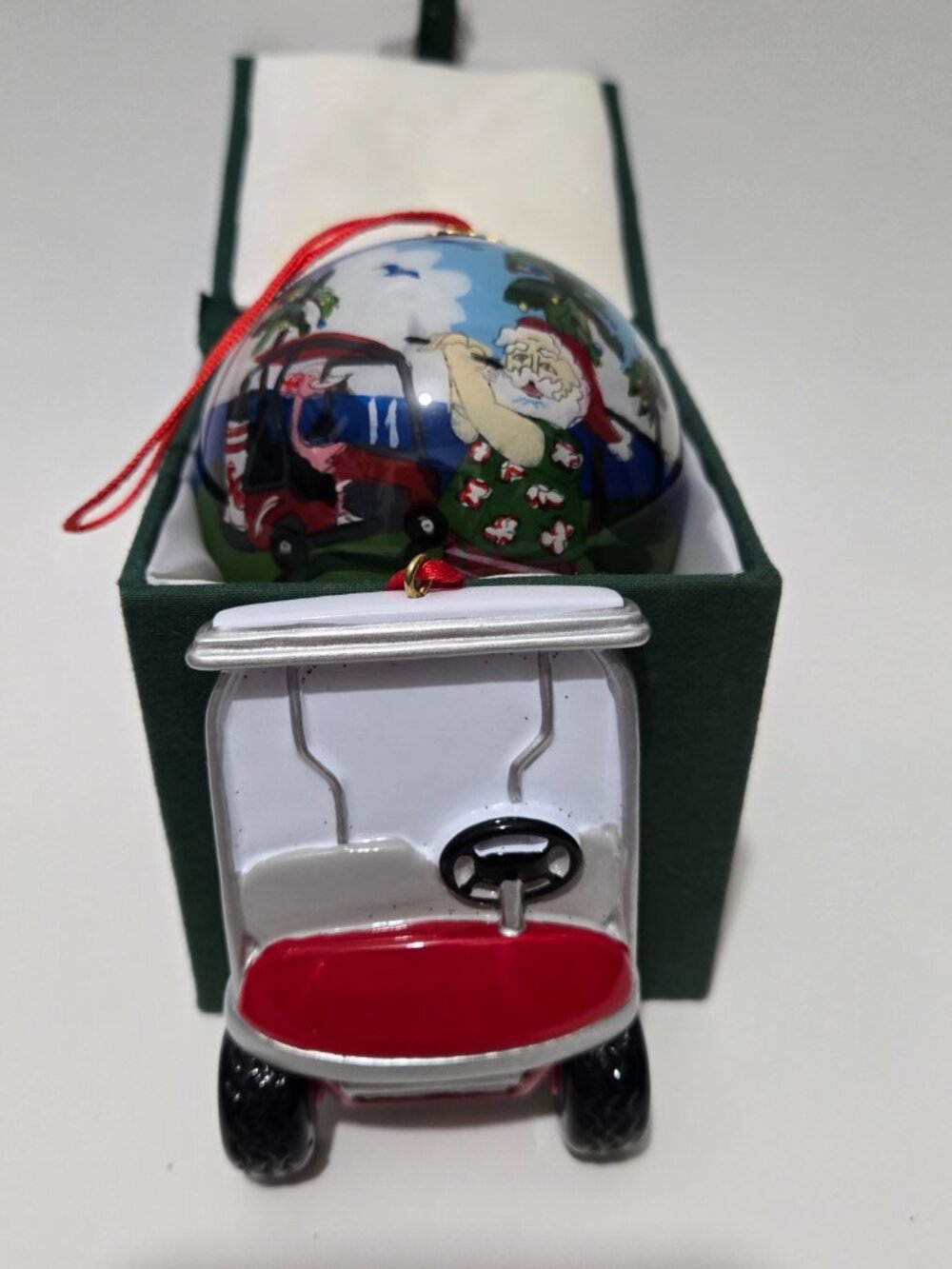 Reverse Inside Painted Glass Art Christmas Ornament & Box Golfing Santa Le Bien